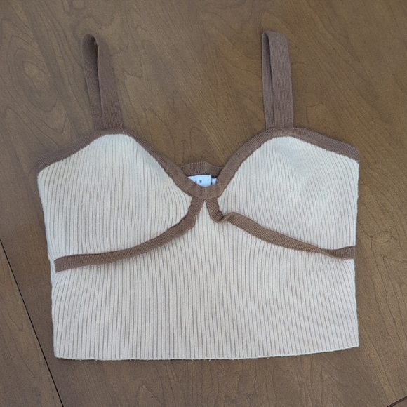 Cream and Brown Ribbed Crop Top - Picture 1 of 1